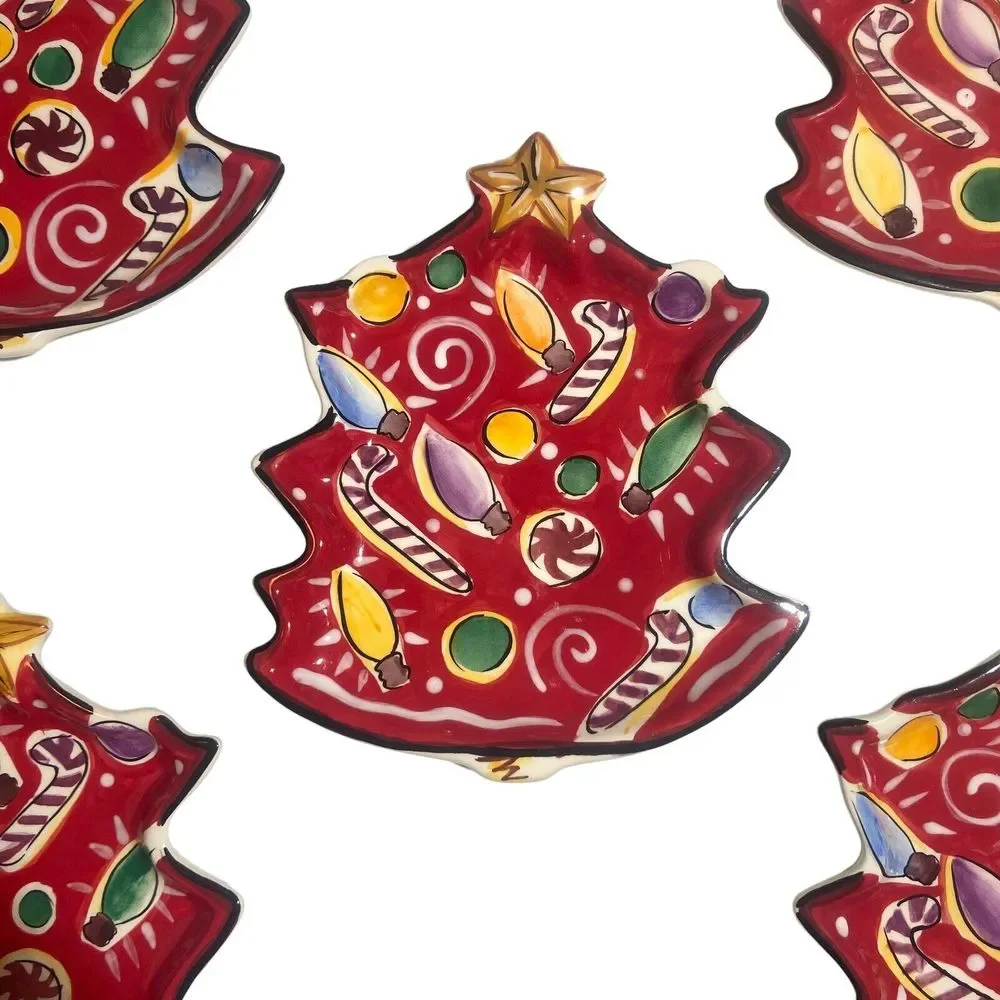 Clay Art Navidad Christmas Tree Snack Bowls 5 Plates Hand Painted StoneLite 2003